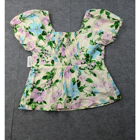 Old Navy Puff Sleeve Top Womens Large Cottage Peasant Floral Cotton Babydoll - Picture 2 of 8